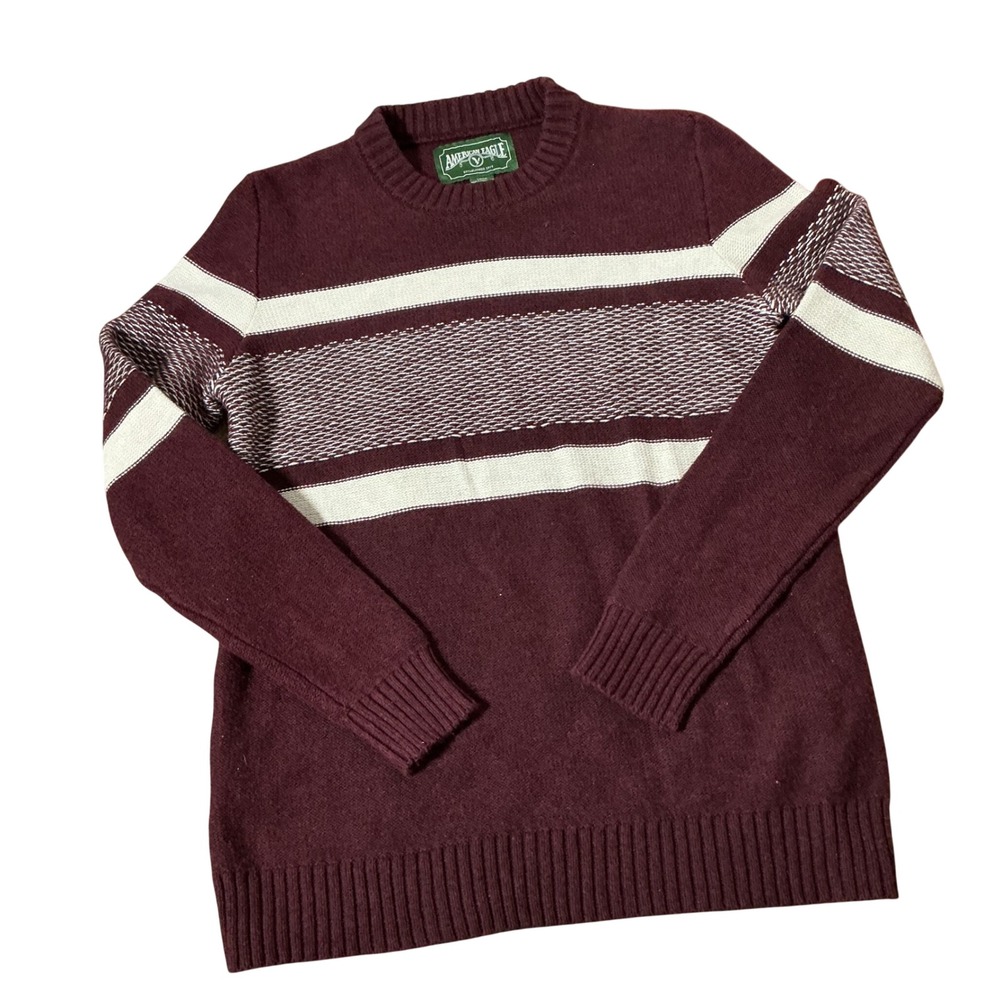 American Eagle Striped Crewneck Sweater Mens Small Burgundy Maroon Knit Pullover